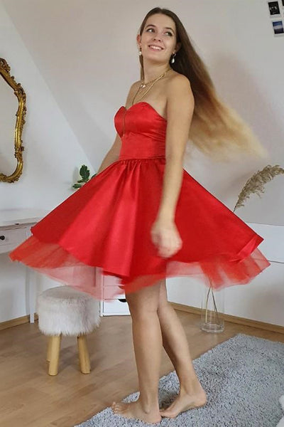 Princess Strapless Red Short Prom Dresses, Red Homecoming Dresses, Red Formal Graduation Evening Dresses EP1493