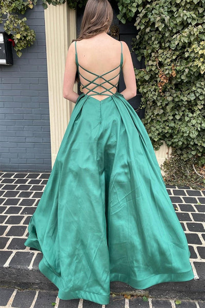 Princess V Neck Backless Green Satin Long Prom Dresses with Pocket, V Neck Green Formal Dresses, Backless Green Evening Dresses EP1811