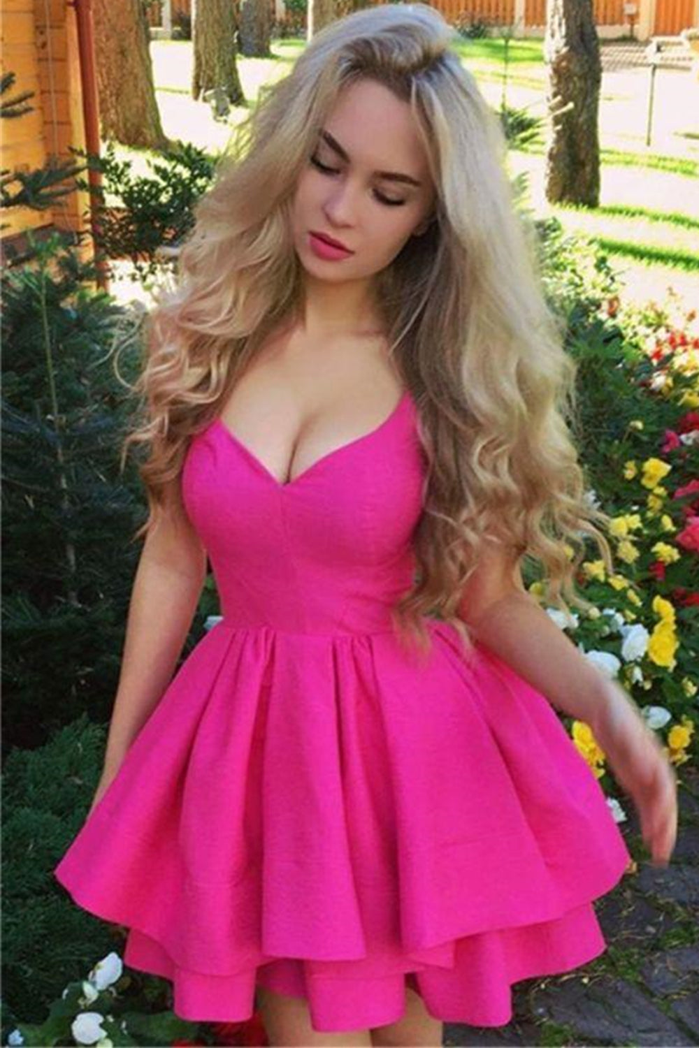 Princess V Neck Layered Fuchsia Short Prom Homecoming Dresses, Fuchsia Formal Graduation Evening Dresses EP1527