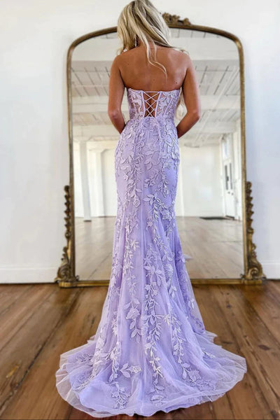 Purple Mermaid Lace Prom Dresses, Purple Lace Mermaid Long Formal Evening Dresses