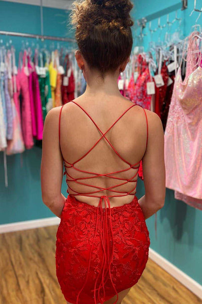 Red V Neck Short Lace Prom Dresses, Backless V Neck Short Lace Formal Homecoming Dresses