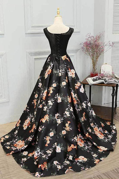 Round Neck Black Floral Lace Long Prom Dresses, Black Lace Floral Long Formal Evening Dresses