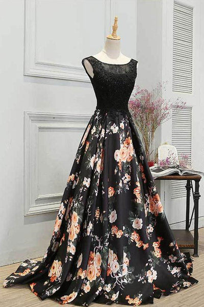 Round Neck Black Floral Lace Long Prom Dresses, Black Lace Floral Long Formal Evening Dresses