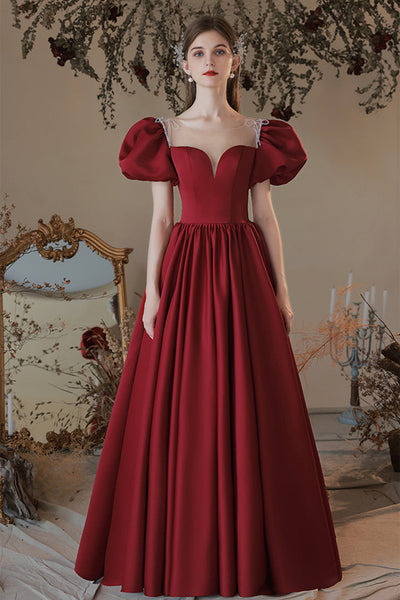 Round Neck Floor Length Burgundy Satin Long Prom Dresses, Burgundy Formal Graduation Evening Dresses EP1698