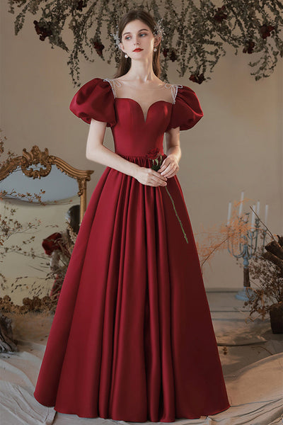 Round Neck Floor Length Burgundy Satin Long Prom Dresses, Burgundy Formal Graduation Evening Dresses EP1698