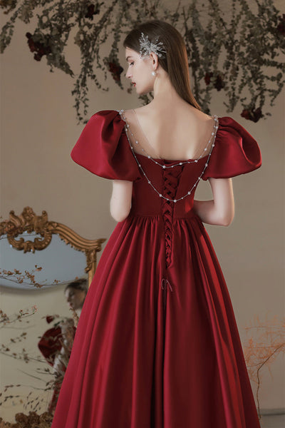Round Neck Floor Length Burgundy Satin Long Prom Dresses, Burgundy Formal Graduation Evening Dresses EP1698