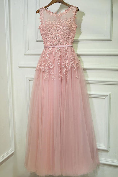 Round Neck Gray Pink Lace Prom Dresses, Gray Pink Lace Formal Evening Dresses