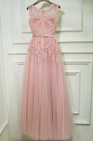 Round Neck Gray Pink Lace Prom Dresses, Gray Pink Lace Formal Evening Dresses