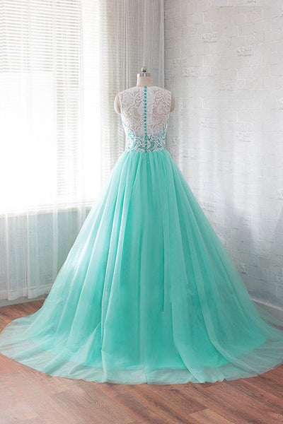 Round Neck Green Lace Tulle Long Prom Dresses, Green Lace Formal Dresses, Green Evening Dresses EP1677
