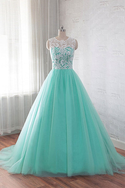 Round Neck Green Lace Tulle Long Prom Dresses, Green Lace Formal Dresses, Green Evening Dresses EP1677