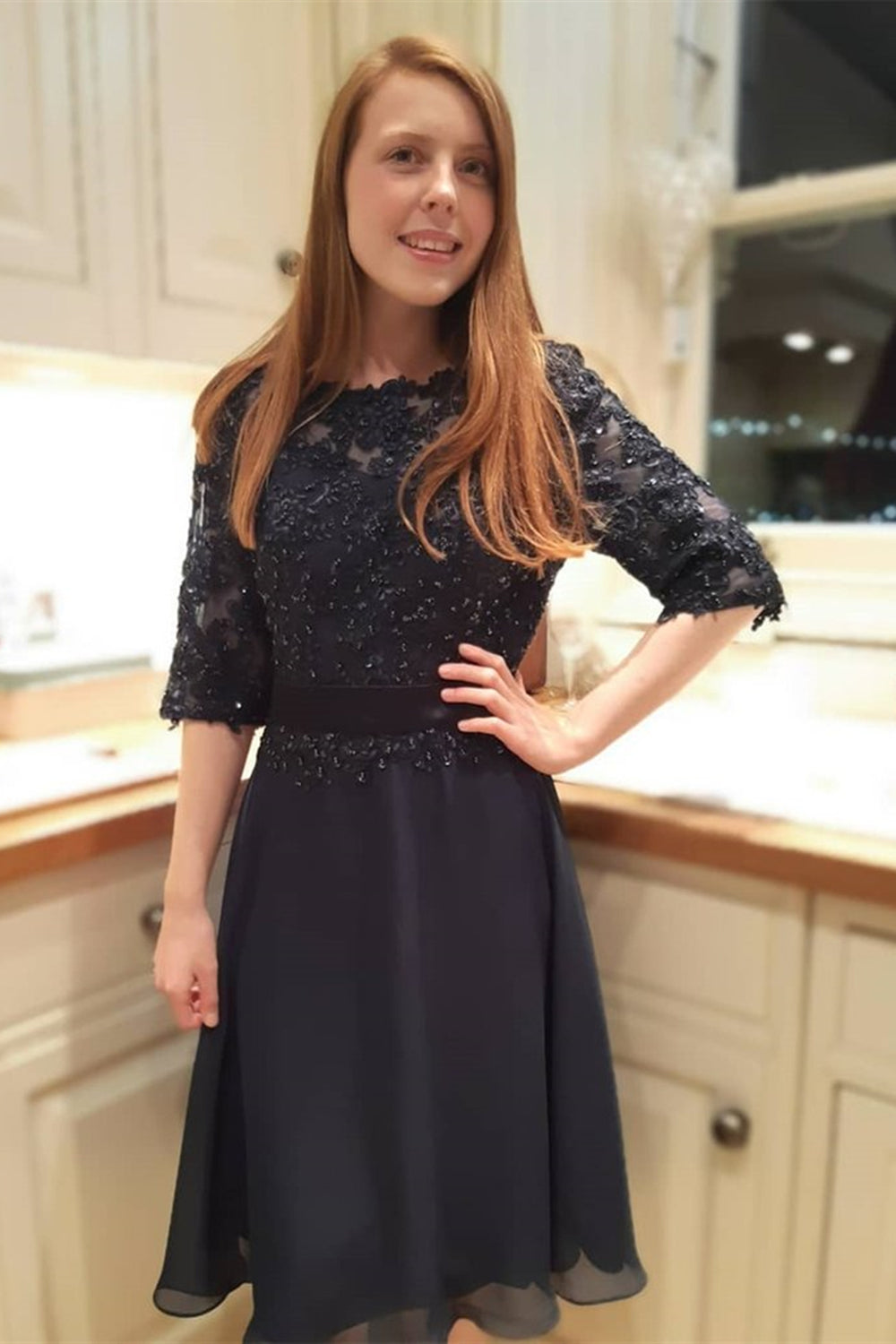 Round Neck Half Sleeves Beaded Black Lace Short Prom Homecoming Dresses, Black Lace Formal Graduation Evening Dresses EP1563