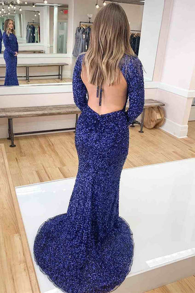Round Neck Long Sleeves Shiny Sequins Mermaid Blue Long Prom Dresses, Mermaid Blue Formal Evening Dresses EP1821