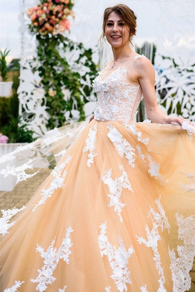 Round Neck White Lace Appliques Champagne Prom Wedding Dresses, Champagne Lace Formal Evening Dresses EP1394