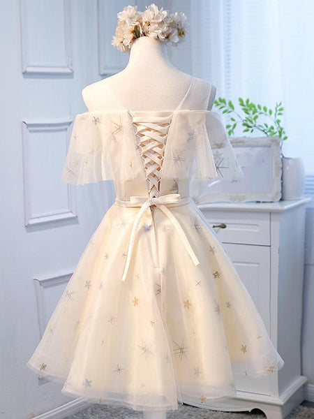 Round Neck Off the Shoulder Short Champagne Prom Dresses, Short Champagne Formal Graduation Dresses
