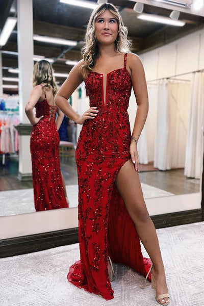 Royal Blue Red High Slit Long Prom Dresses, Royal Blue Red Long Formal Graduation Dresses