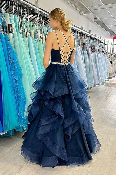 Shiny Dark Navy Blue Prom Dresses, Dark Navy Blue V Neck Long Formal Evening Dresses