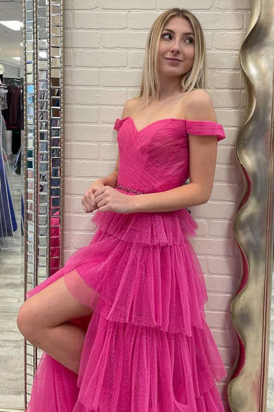 Shiny Hot Pink Tulle Off Shoulder Layered Long Prom Dresses with High Slit, Hot Pink Tulle Formal Graduation Evening Dresses EP1805