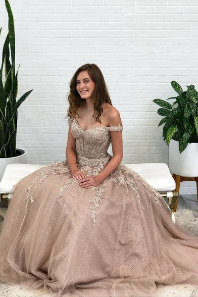 Shiny Off Shoulder Champagne Lace Long Prom Dresses, Champagne Lace Formal Dresses, Champagne Evening Dresses EP1590