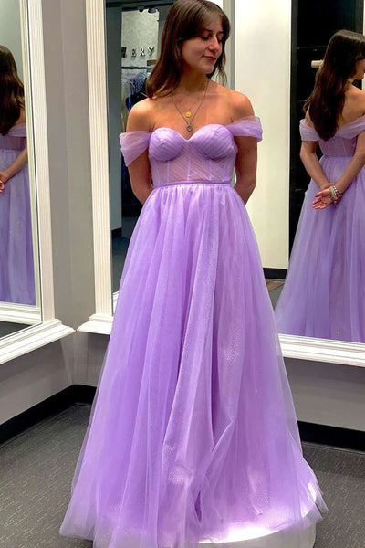 Shiny Off Shoulder Yellow/Purple Tulle Long Prom Dresses, Long Yellow/Purple Formal Graduation Evening Dresses