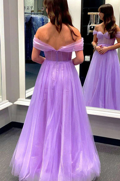 Shiny Off Shoulder Yellow/Purple Tulle Long Prom Dresses, Long Yellow/Purple Formal Graduation Evening Dresses