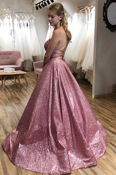 Shiny Pink Sequins Backless Long Prom Dresses, Backless Pink Formal Graduation Evening Dresses EP1679