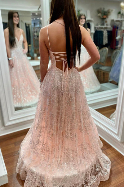 Shiny Pink Sequins Tulle V Neck Backless Long Prom Dresses, Backless Pink Formal Dresses, Pink Evening Dresses EP1810