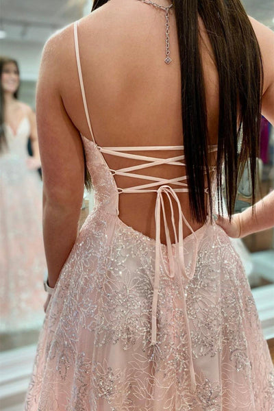 Shiny Pink Sequins Tulle V Neck Backless Long Prom Dresses, Backless Pink Formal Dresses, Pink Evening Dresses EP1810
