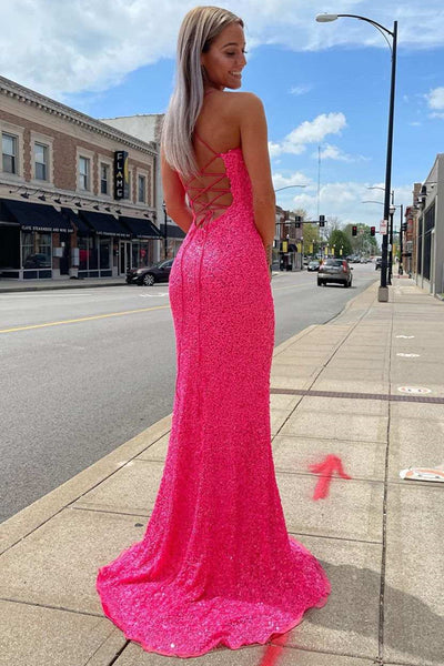 Shiny Sequins Mermaid Backless Hot Pink Long Prom Dresses, Mermaid Hot Pink Sequins Formal Evening Dresses EP1494