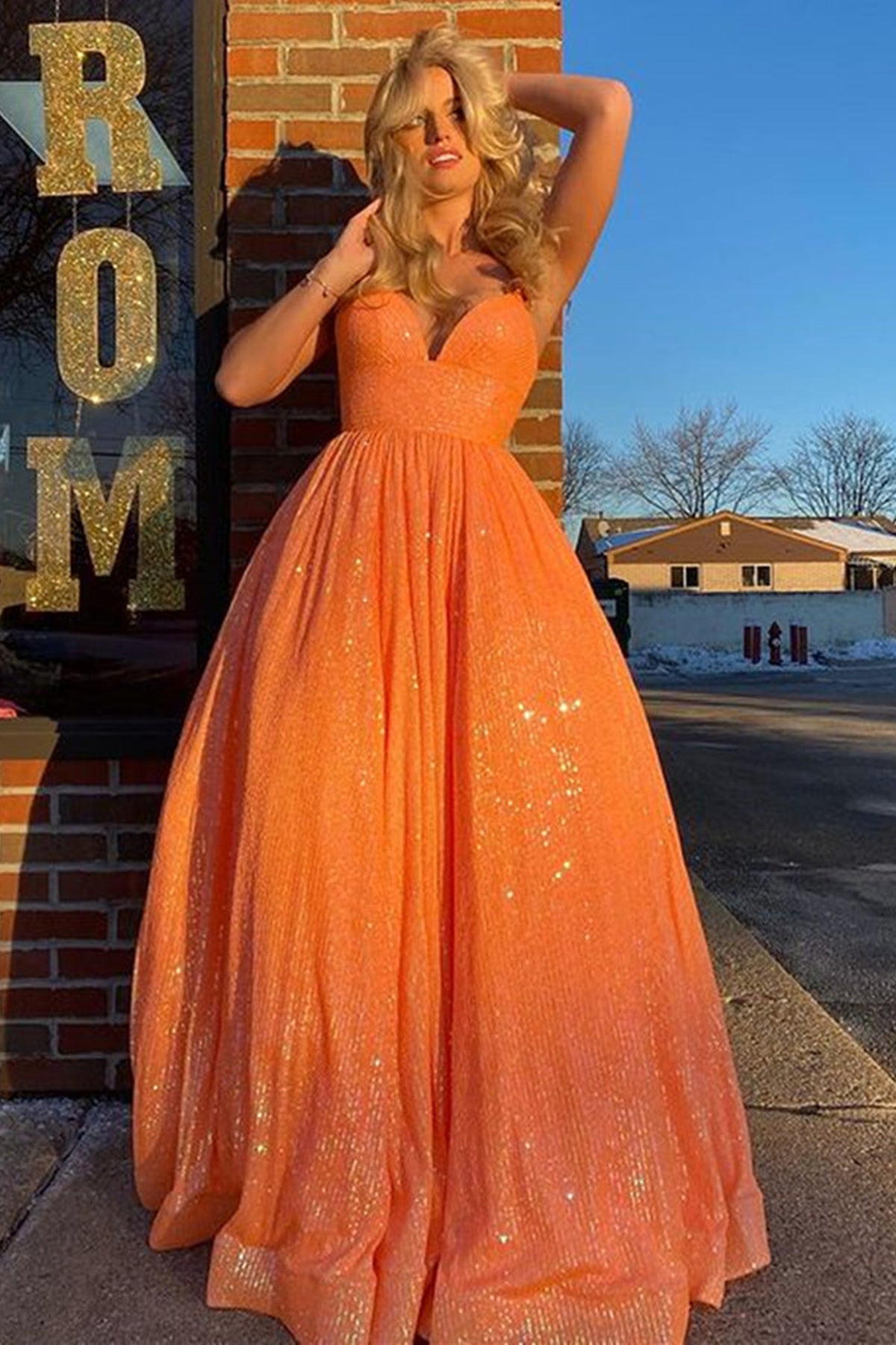 Shiny Sequins V Neck Backless Orange Long Prom Dresses, Orange Sequins Formal Evening Dresses EP1704