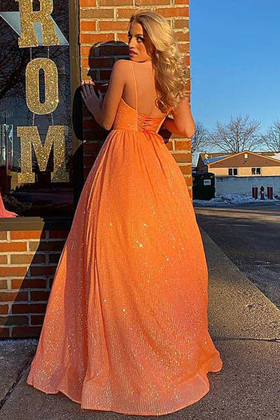 Shiny Sequins V Neck Backless Orange Long Prom Dresses, Orange Sequins Formal Evening Dresses EP1704
