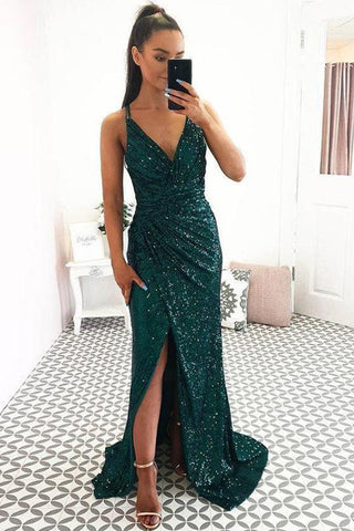 Shiny Sequins V Neck Mermaid Emerald Green Long Prom Dresses with Leg Slit, V Neck Mermaid Green Formal Graduation Evening Dresses EP1720
