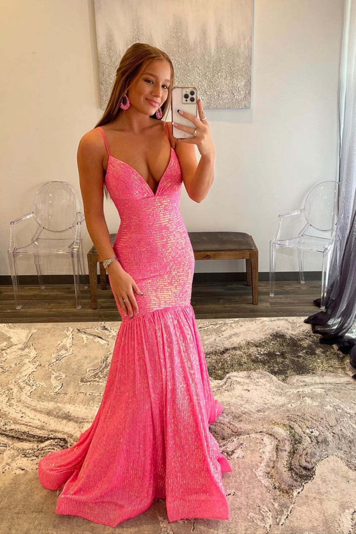 Shiny Sequins V Neck Mermaid Hot Pink/Orange/Yellow Long Prom Dresses, Mermaid Formal Graduation Evening Dresses EP1707