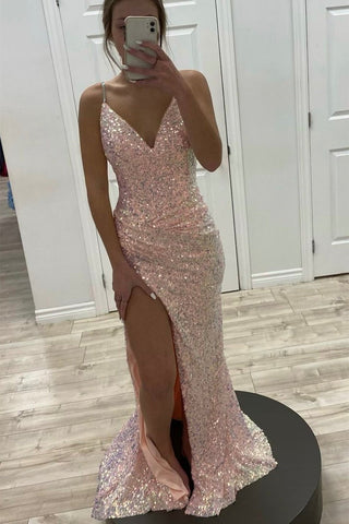 Shiny Sequins V Neck Mermaid Pink Long Prom Dresses with High Slit, Mermaid Pink Formal Graduation Evening Dresses EP1744