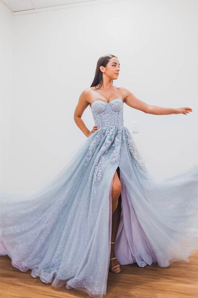 Shiny Strapless Light Blue Lace Long Prom Dresses with High Slit, Light Blue Tulle Lace Formal Graduation Evening Dresses EP1755