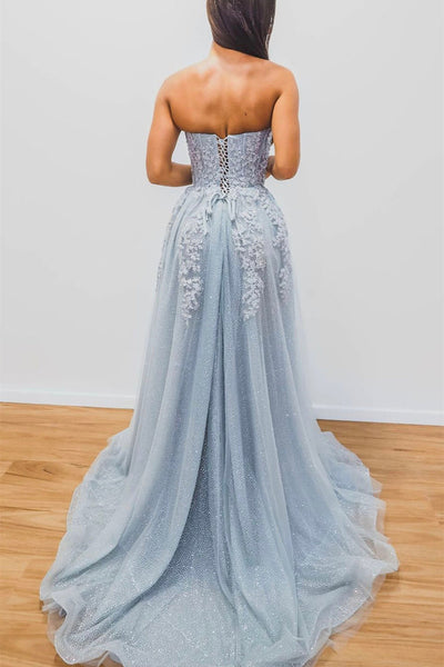 Shiny Strapless Light Blue Lace Long Prom Dresses with High Slit, Light Blue Tulle Lace Formal Graduation Evening Dresses EP1755