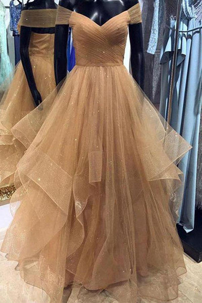 Shiny Tulle Off Shoulder Champagne/Burgundy Long Prom Dresses, Champagne/Burgundy Formal Evening Dresses EP1854