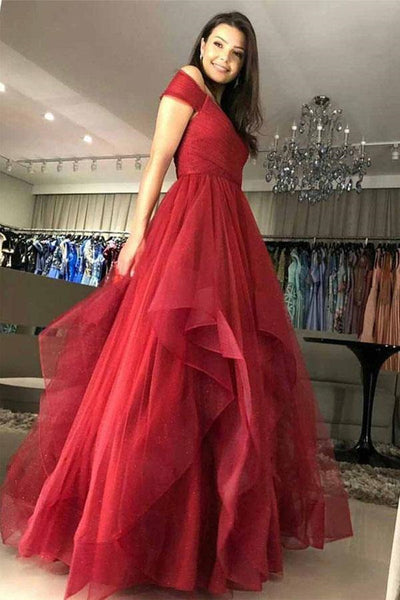 Shiny Tulle Off Shoulder Champagne/Burgundy Long Prom Dresses, Champagne/Burgundy Formal Evening Dresses EP1854