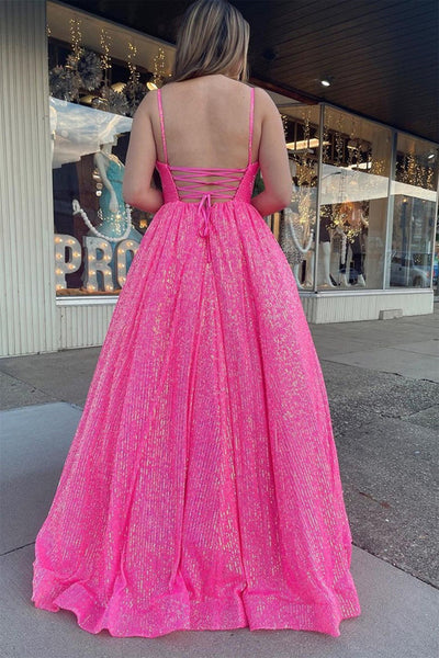 Shiny Tulle V Neck Backless Hot Pink/Orange/Champagne Long Prom Dresses, Backless Hot Pink/Orange/Champagne Formal Graduation Evening Dresses EP1808