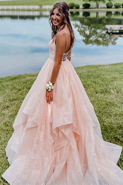 Shiny Tulle V Neck Backless Pink Long Prom Dresses, Backless Pink Formal Dresses, Sparkly Pink Evening Dresses EP1768
