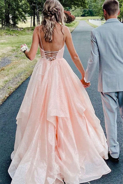 Shiny Tulle V Neck Backless Pink Long Prom Dresses, Backless Pink Formal Dresses, Sparkly Pink Evening Dresses EP1768