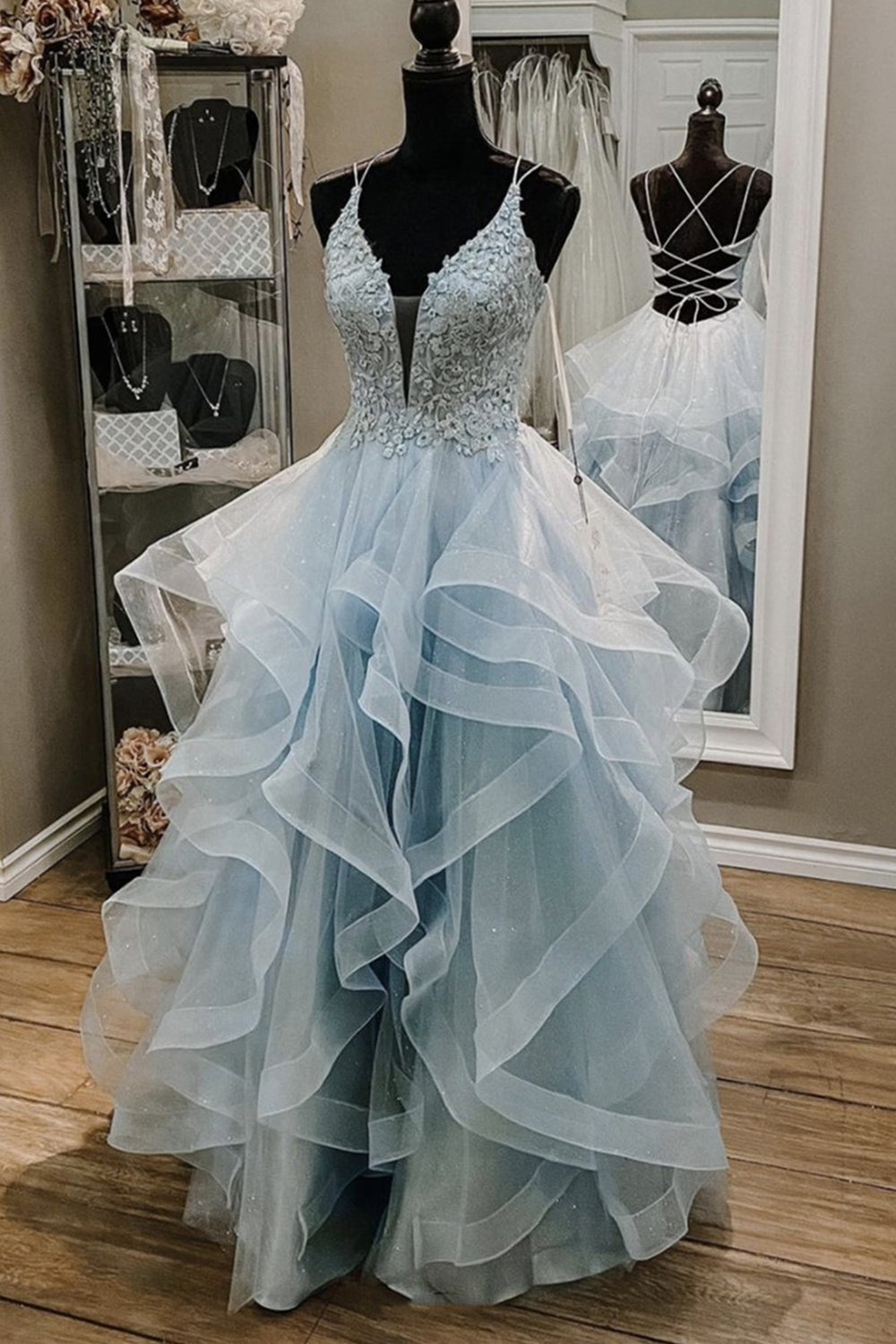 Shiny V Neck Backless Fluffy Blue Long Prom Dresses, V Neck Blue Formal Dresses, Blue Lace Evening Dresses EP1345