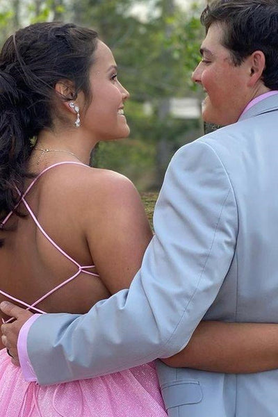 Shiny V Neck Backless Pink Tulle Long Prom Dresses, V Neck Pink Formal Dresses, Sparkly Pink Evening Dresses EP1675