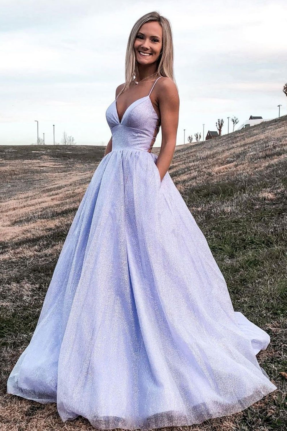 Shiny V Neck Backless Purple Long Prom Dresses, Sparkly Backless Purple Formal Dresses, Purple Evening Dresses