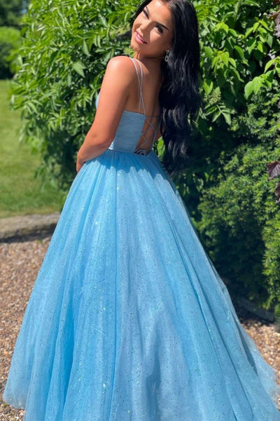 Shiny V Neck Open Back Blue Long Prom Dresses, Open Back Blue Formal Evening Dresses EP1393