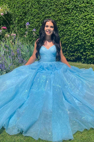 Shiny V Neck Open Back Blue Long Prom Dresses, Open Back Blue Formal Evening Dresses EP1393