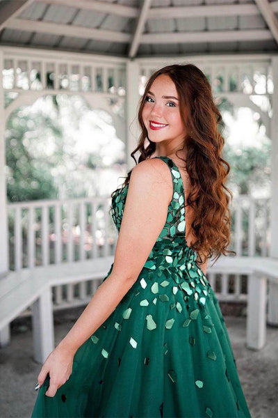 Shiny V Neck Open Back Green Sequins Prom Dresses, V Neck Green Formal Graduation Evening Dresses EP1491