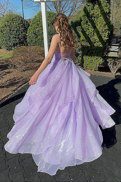 Shiny V Neck Purple Backless Long Prom Dresses, Purple V Neck Long Formal Evening Dresses