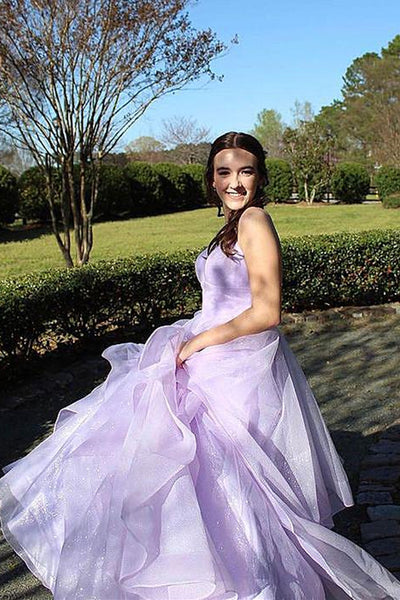 Shiny V Neck Purple Backless Long Prom Dresses, Purple V Neck Long Formal Evening Dresses