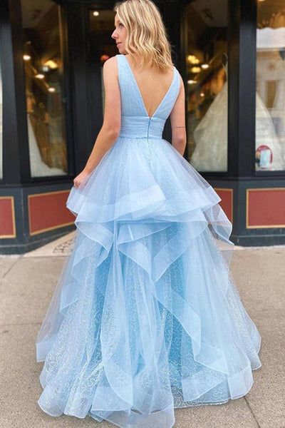 Shiny V Neck and V Back Light Blue Tulle Long Prom Dresses, Puffy Blue Formal Graduation Evening Dresses EP1770