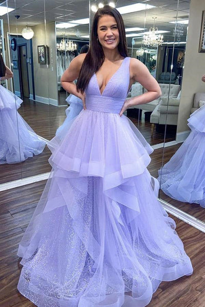 Shiny V Neck and V Back Light Blue Tulle Long Prom Dresses, Puffy Blue Formal Graduation Evening Dresses EP1770